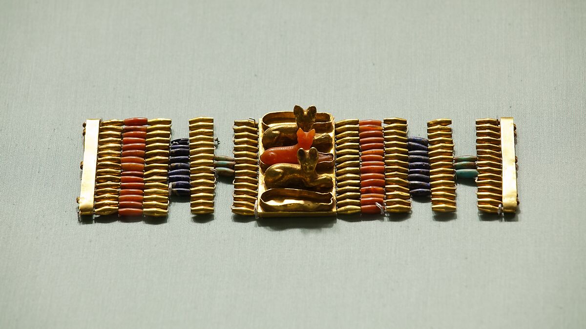 Cuff  Bracelets Decorated with Cats, Gold, carnelian, lapis-lazuli, turquoise glass