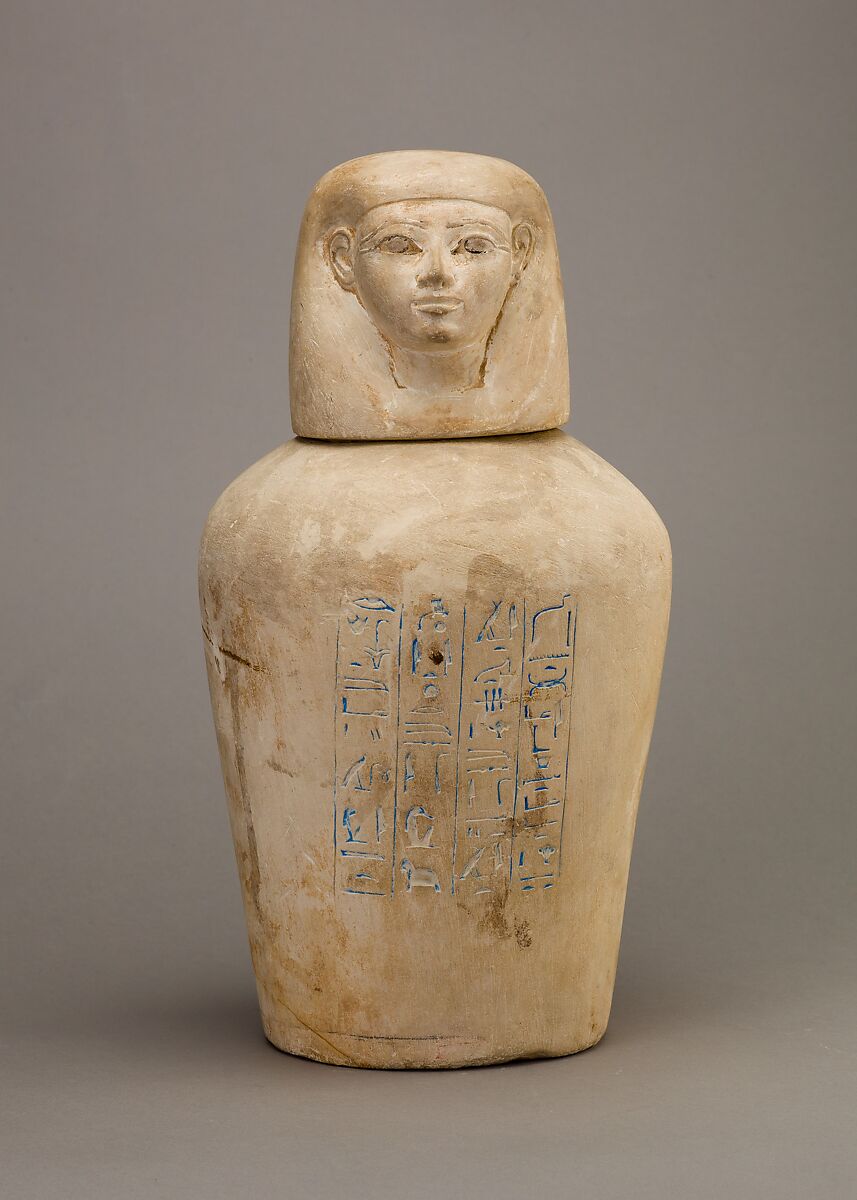 Canopic Jar of Manuwai, Limestone, blue paste