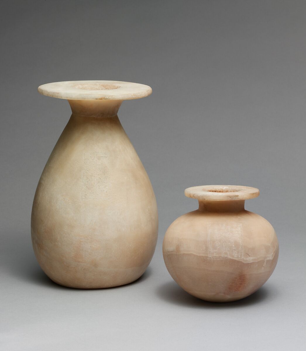 Spherical Jar Inscribed with Hatshepsut's Titles as Queen, Travertine (Egyptian alabaster)