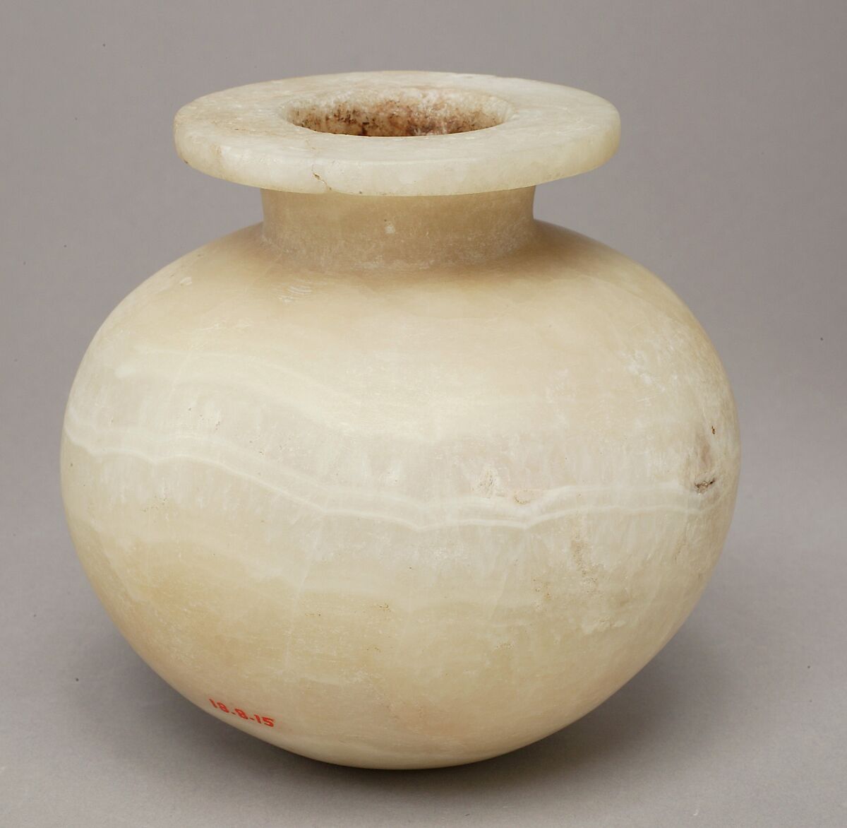 Spherical Jar Inscribed with Hatshepsut's Titles as Queen, Travertine (Egyptian alabaster)
