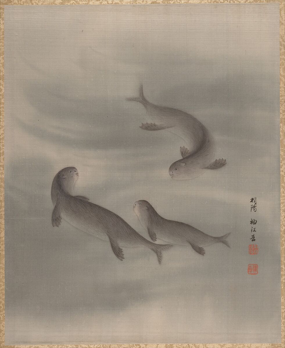 Otters Swimming, Seki Shūkō (Japanese, 1858–1915), Album leaf; silk, Japan 