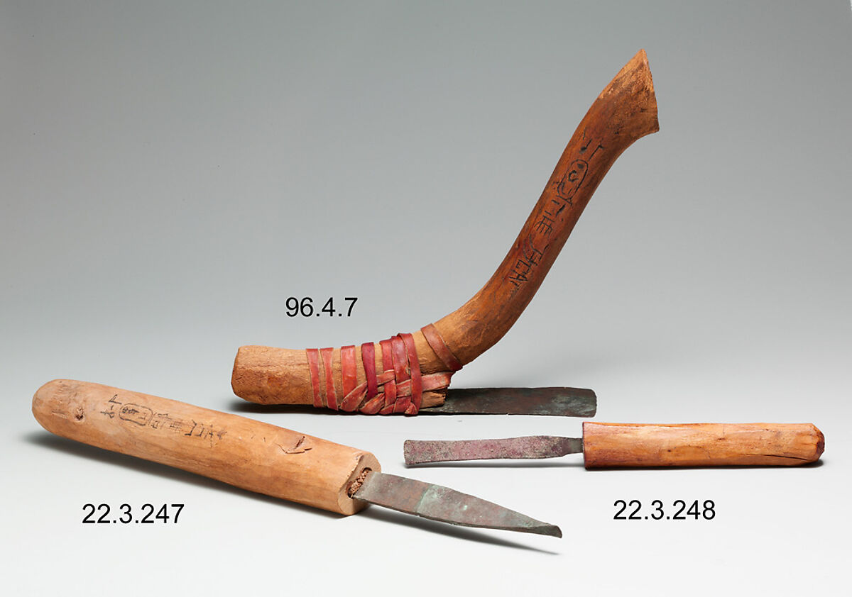 Carpenter's Chisel from a Foundation Deposit for Hatshepsut's Temple, Wood, bronze or copper alloy