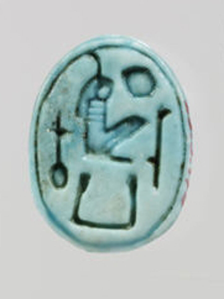 Scarab with Maatkare on base, Steatite, blue glazed 