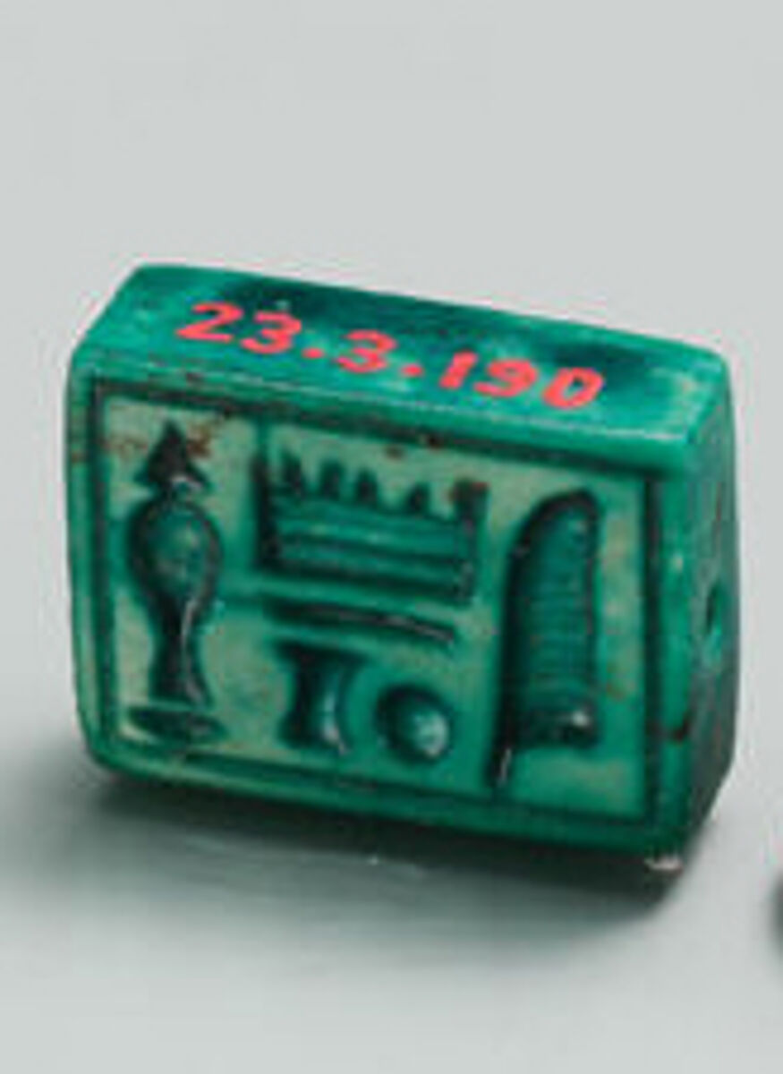 Plaque Bead with name of Amenhotep I, Glazed steatite 