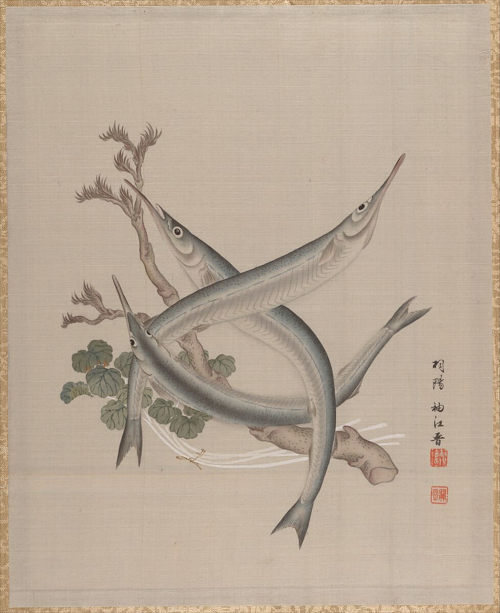 Three Fishes and a Branch, Seki Shūkō (Japanese, 1858–1915), Album leaf; silk, Japan 