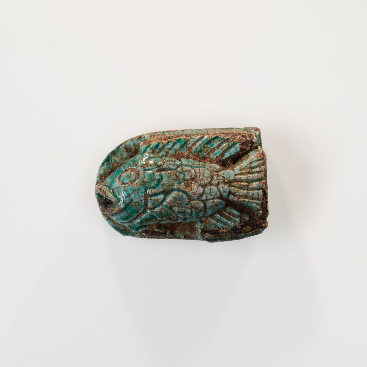 Fish Design Amulet Inscribed with the cartouche of Queen Ahmose Nefertari, Steatite (glazed) 
