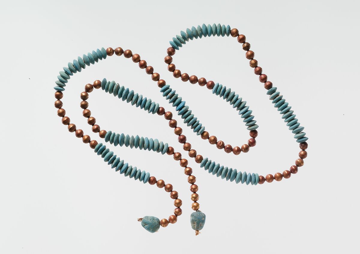 String of Beads with Feline-head Amulets, Gold, Egyptian blue 