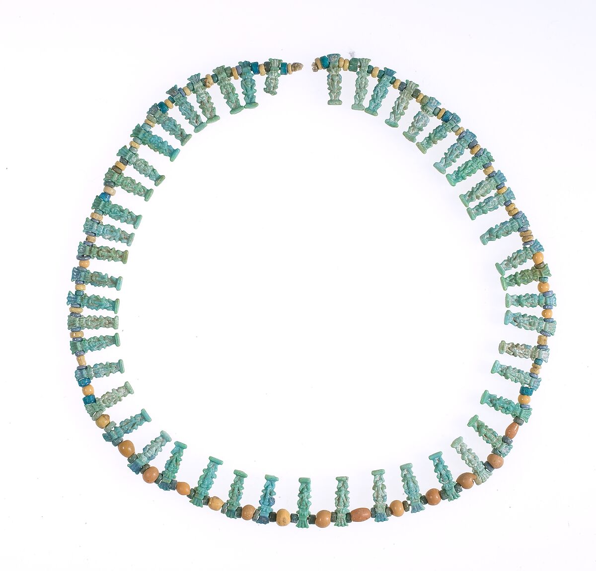 Necklace with Bes amulets, Yellow, green and blue faience 