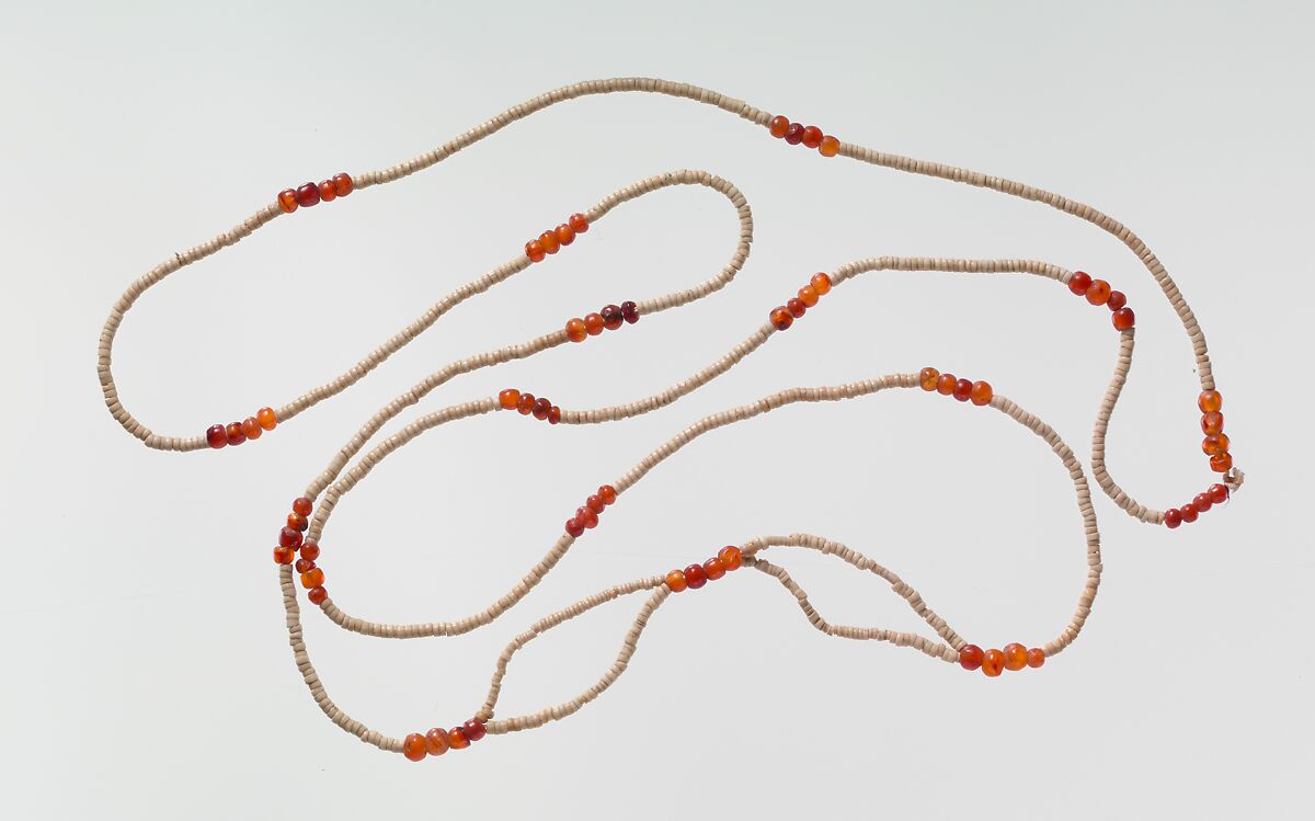 Girdle of disc and ball beads, Travertine (Egyptian alabaster), carnelian 