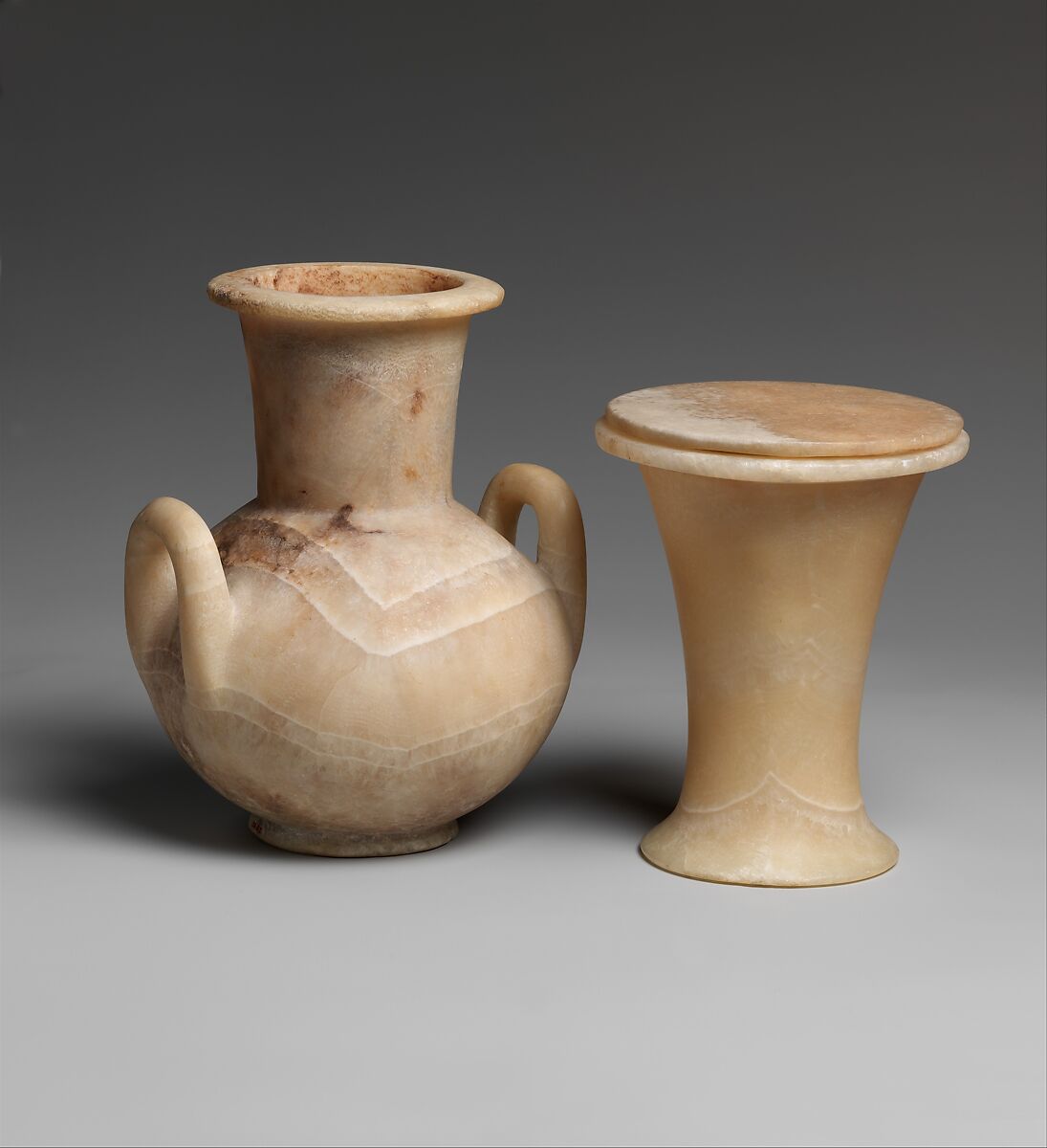 Large Krater with Strap Handles, Travertine (Egyptian alabaster) (crystalline and banded travertine, CL 2003)