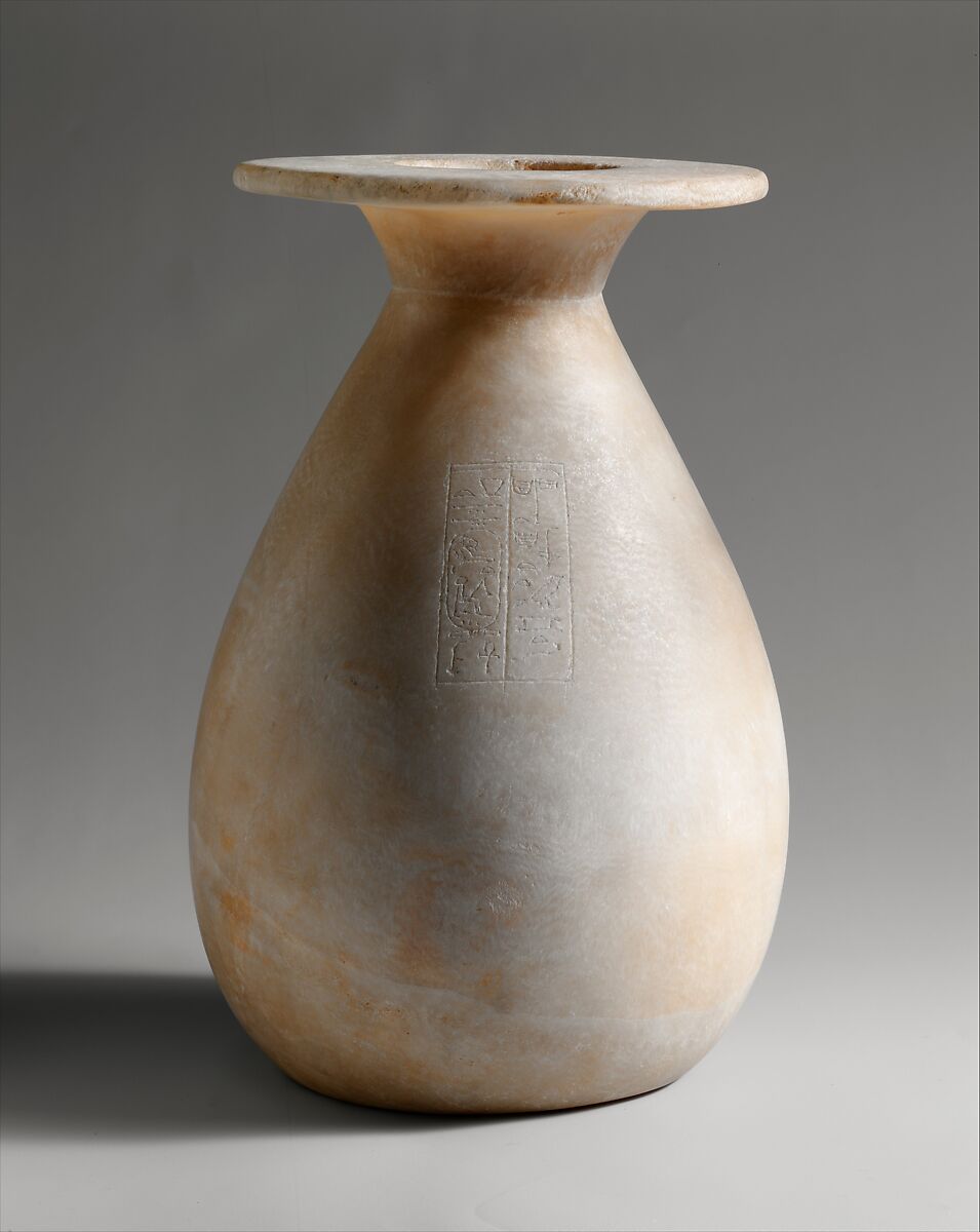 Piriform Jar Inscribed with Hatshepsut's Titles as Queen, Travertine (Egyptian alabaster)