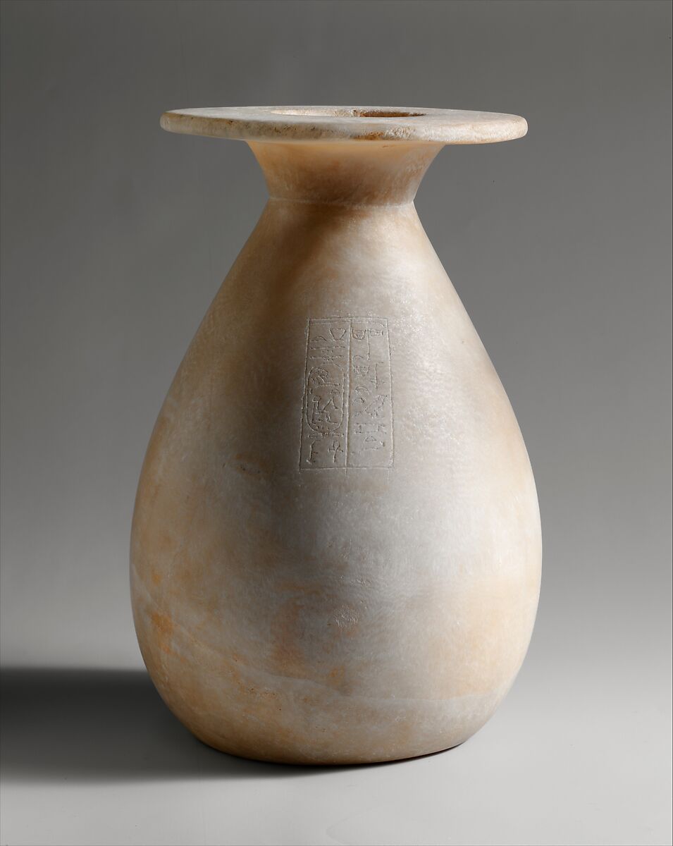 Piriform Jar Inscribed with Hatshepsut's Titles as Queen, Travertine (Egyptian alabaster) 