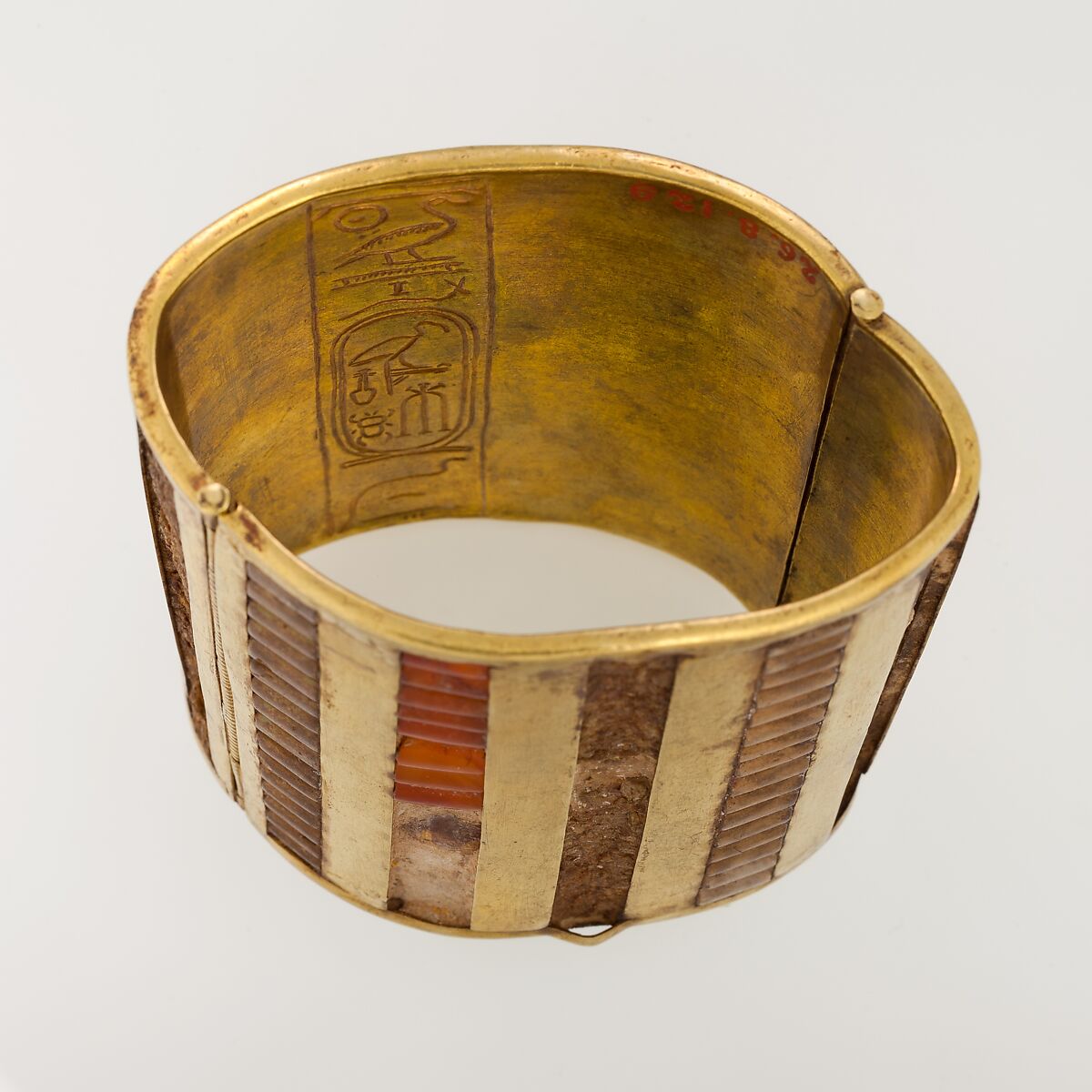 Hinged Cuff Bracelet, Gold, carnelian, turquoise glass