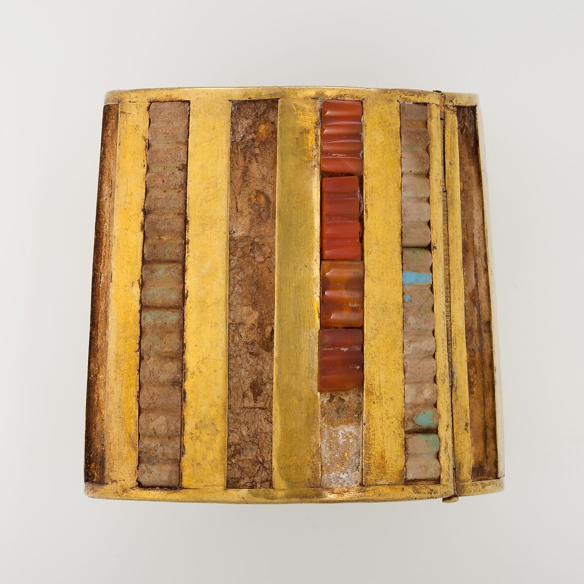 Hinged Cuff Bracelet, Gold, carnelian, turquoise glass