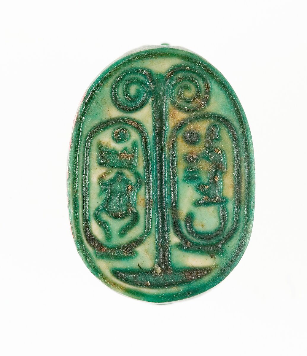 Scarab with the Throne Names of Thutmoses III and Hatshepsut, Steatite (glazed) 
