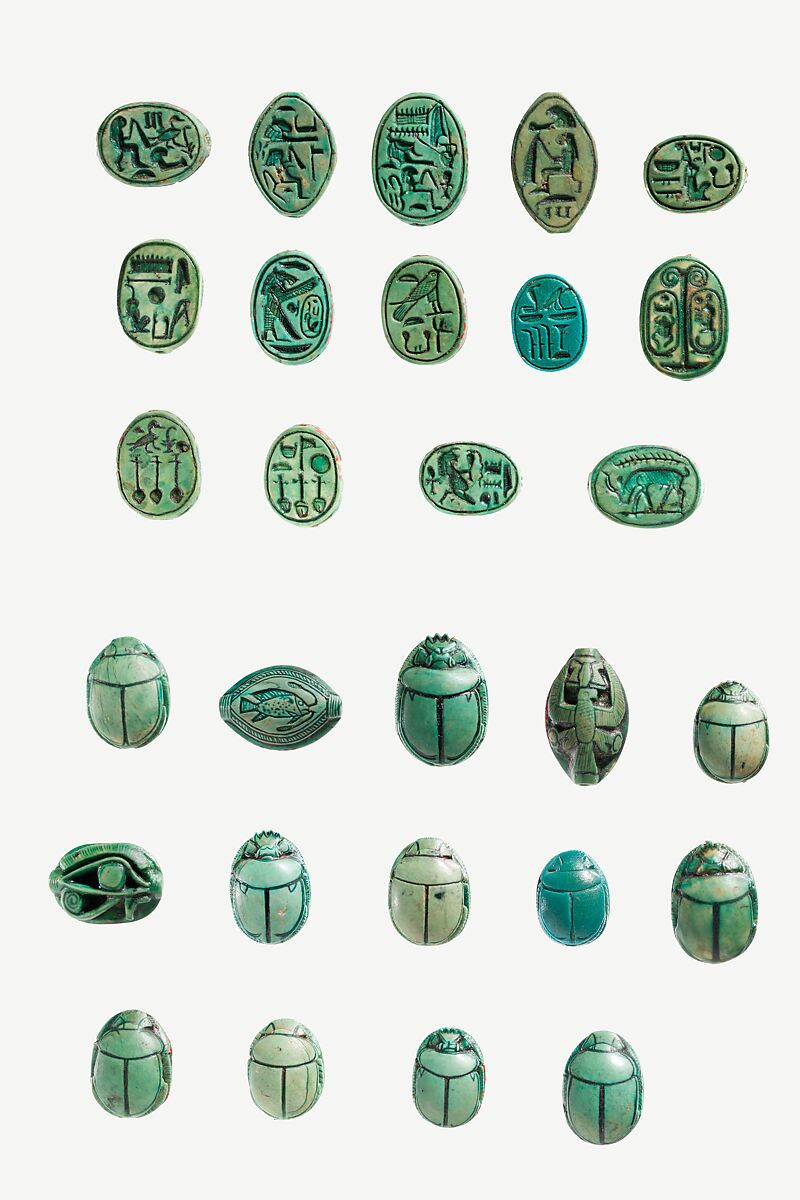 Scarab with the Throne Names of Thutmoses III and Hatshepsut, Steatite (glazed)