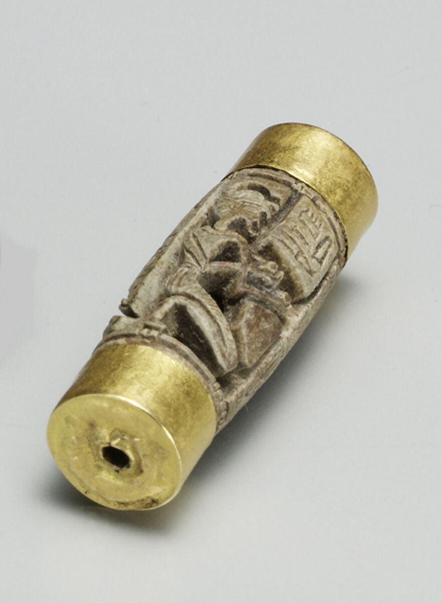 Openwork Barrel Bead, Glazed steatite, gold 