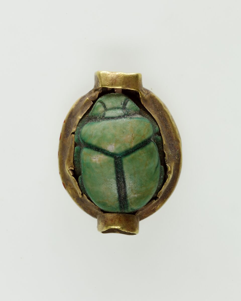 Scarab Inscribed for Queen Ahmose, Gold, glazed steatite