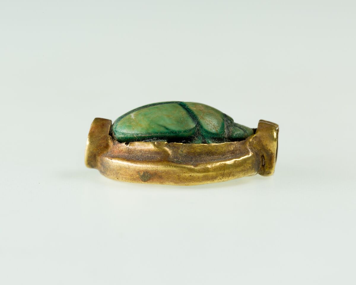 Scarab Inscribed for Queen Ahmose, Gold, glazed steatite