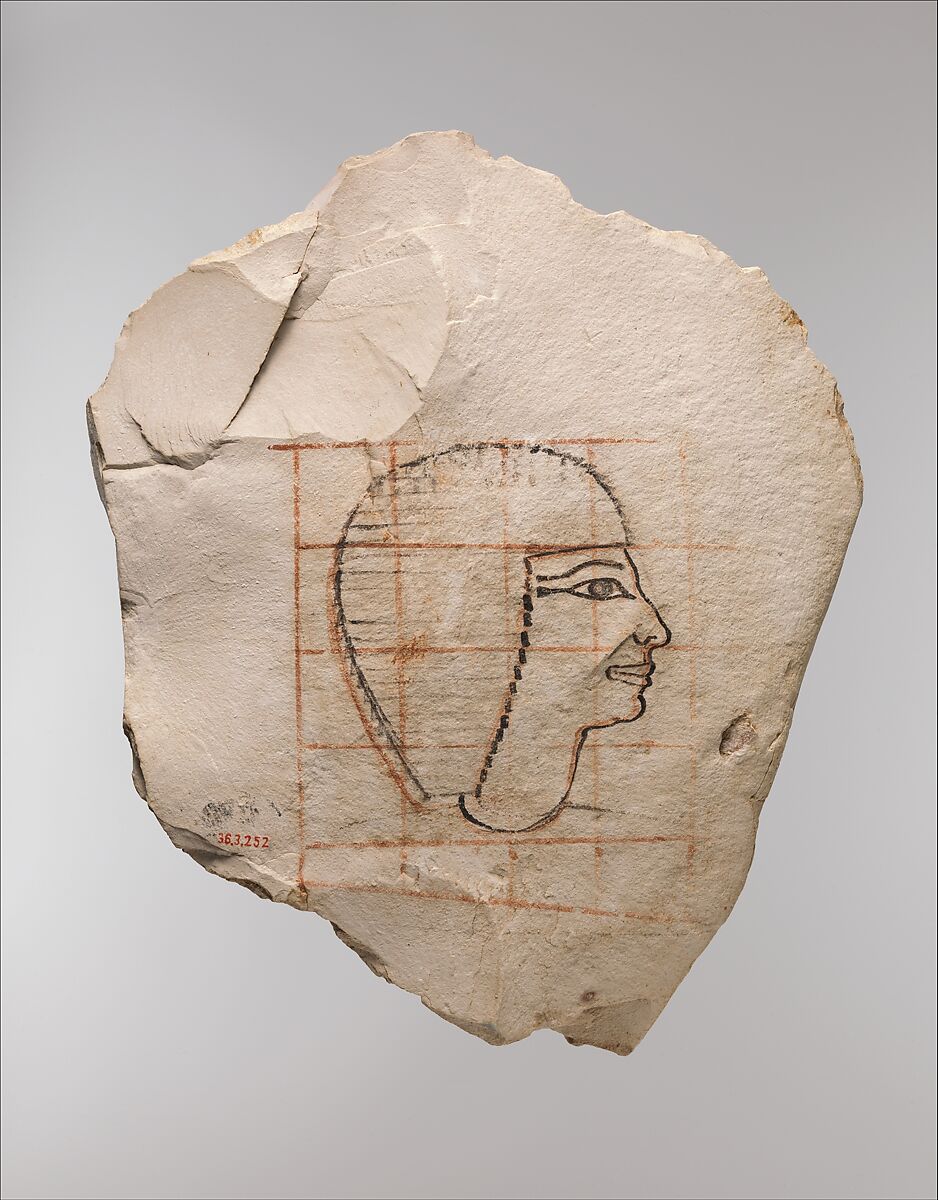 Artist's Gridded Sketch of Senenmut, Limestone, ink