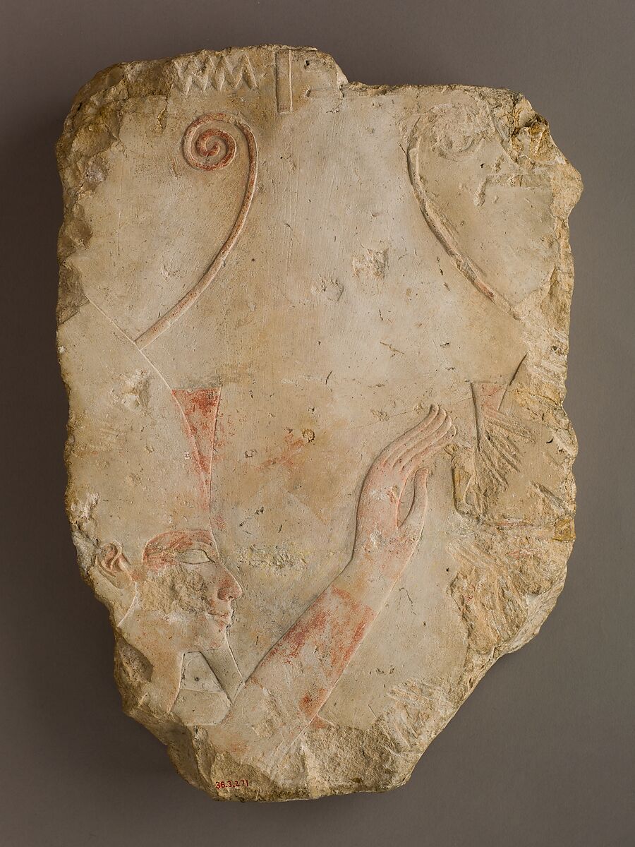 Relief Fragment Depicting Atum and Hatshepsut, Painted limestone