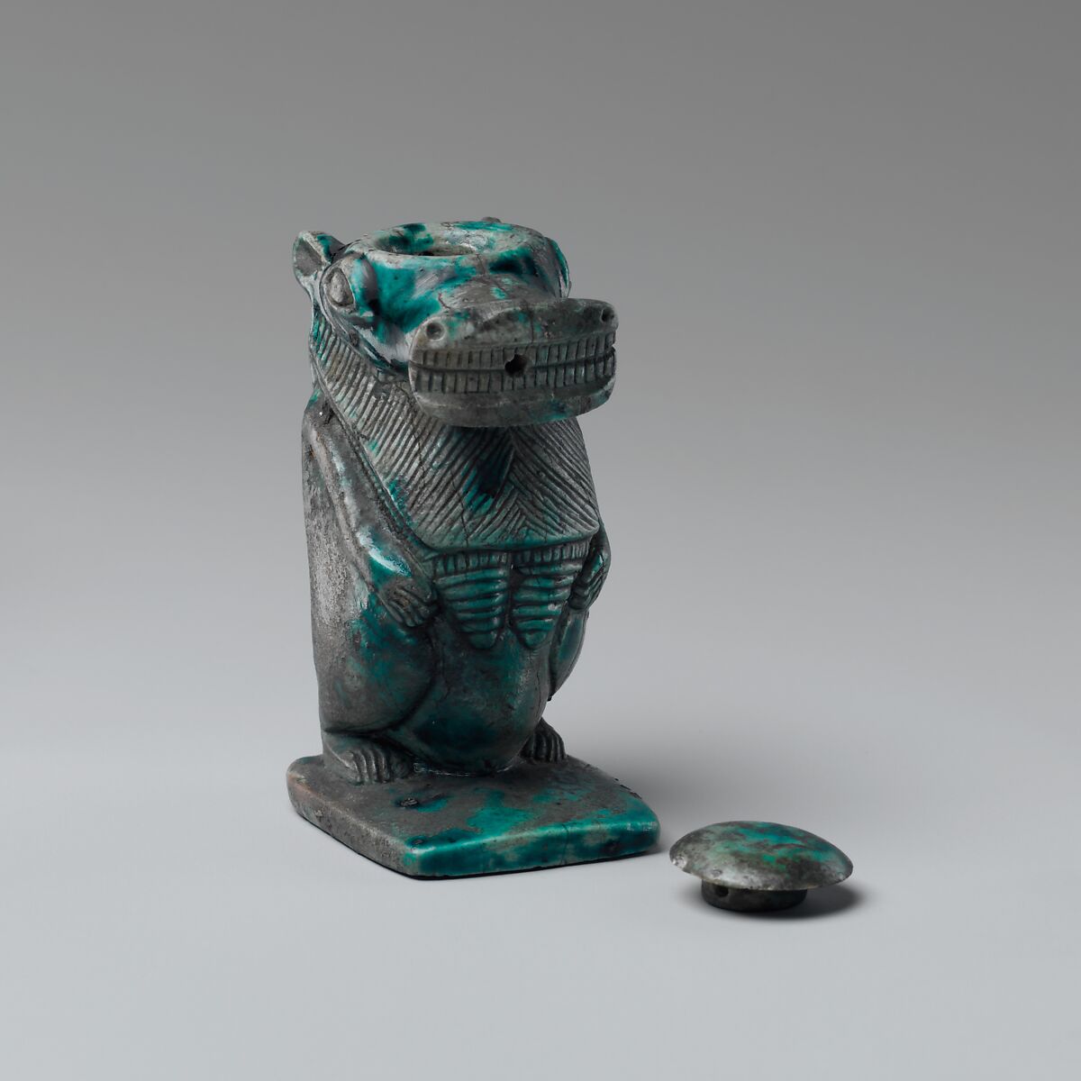 Magical container in the shape of a hippo goddess, Glazed steatite