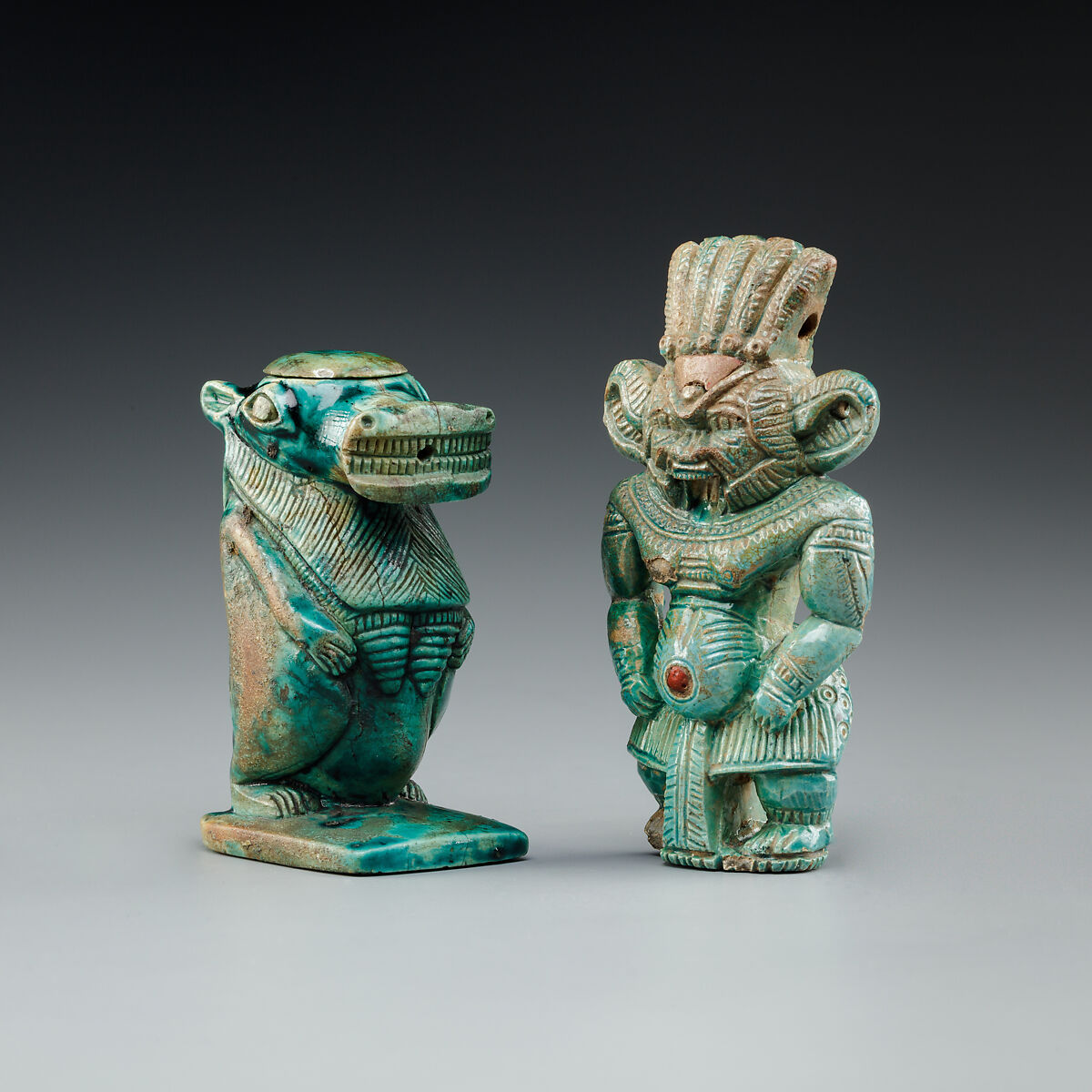 Magical container in the shape of a hippo goddess, Glazed steatite