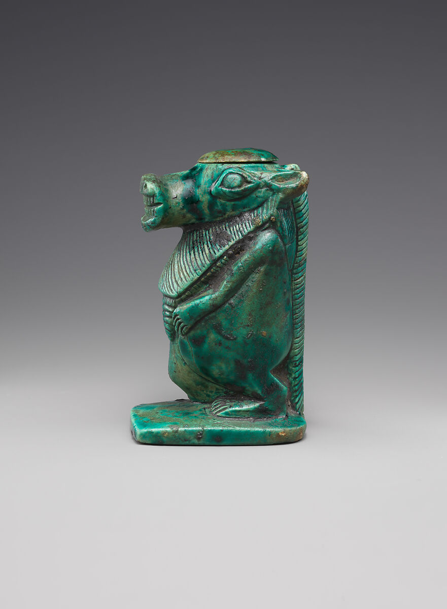 Magical container in the shape of a hippo goddess, Glazed steatite