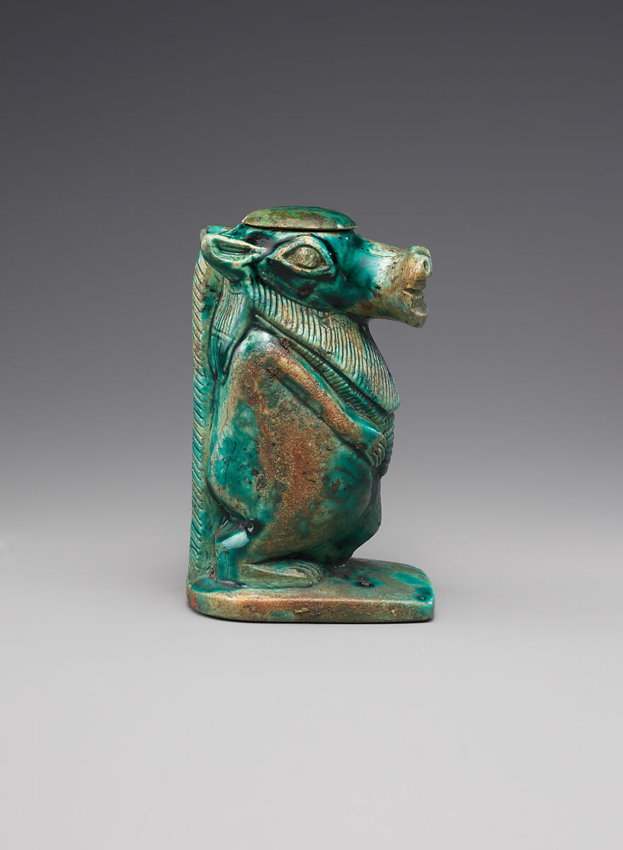 Magical container in the shape of a hippo goddess, Glazed steatite