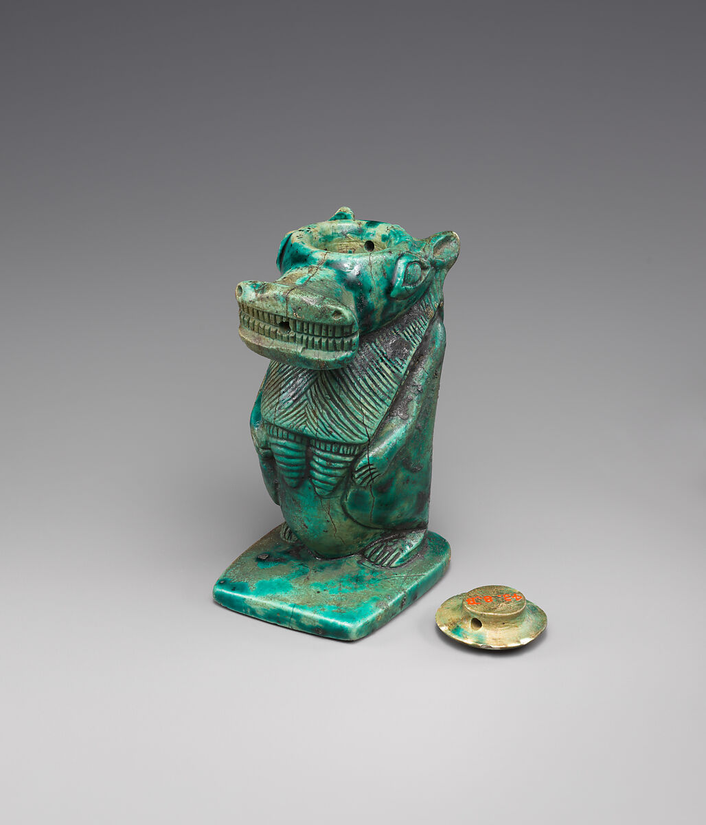 Magical container in the shape of a hippo goddess, Glazed steatite