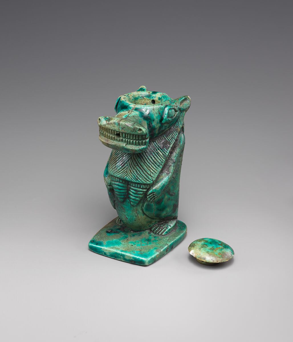 Magical container in the shape of a hippo goddess, Glazed steatite