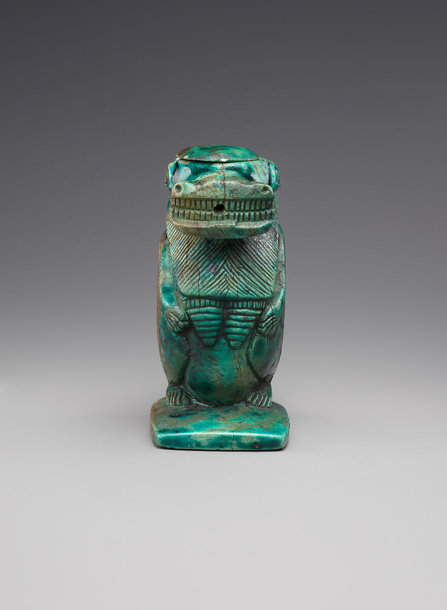 Magical container in the shape of a hippo goddess, Glazed steatite