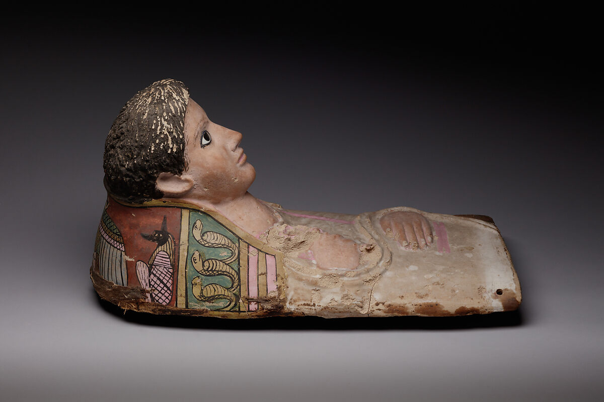 Plaster Portrait Mask of a Youth, Plaster, linen, paint, lapis lazuli, glass