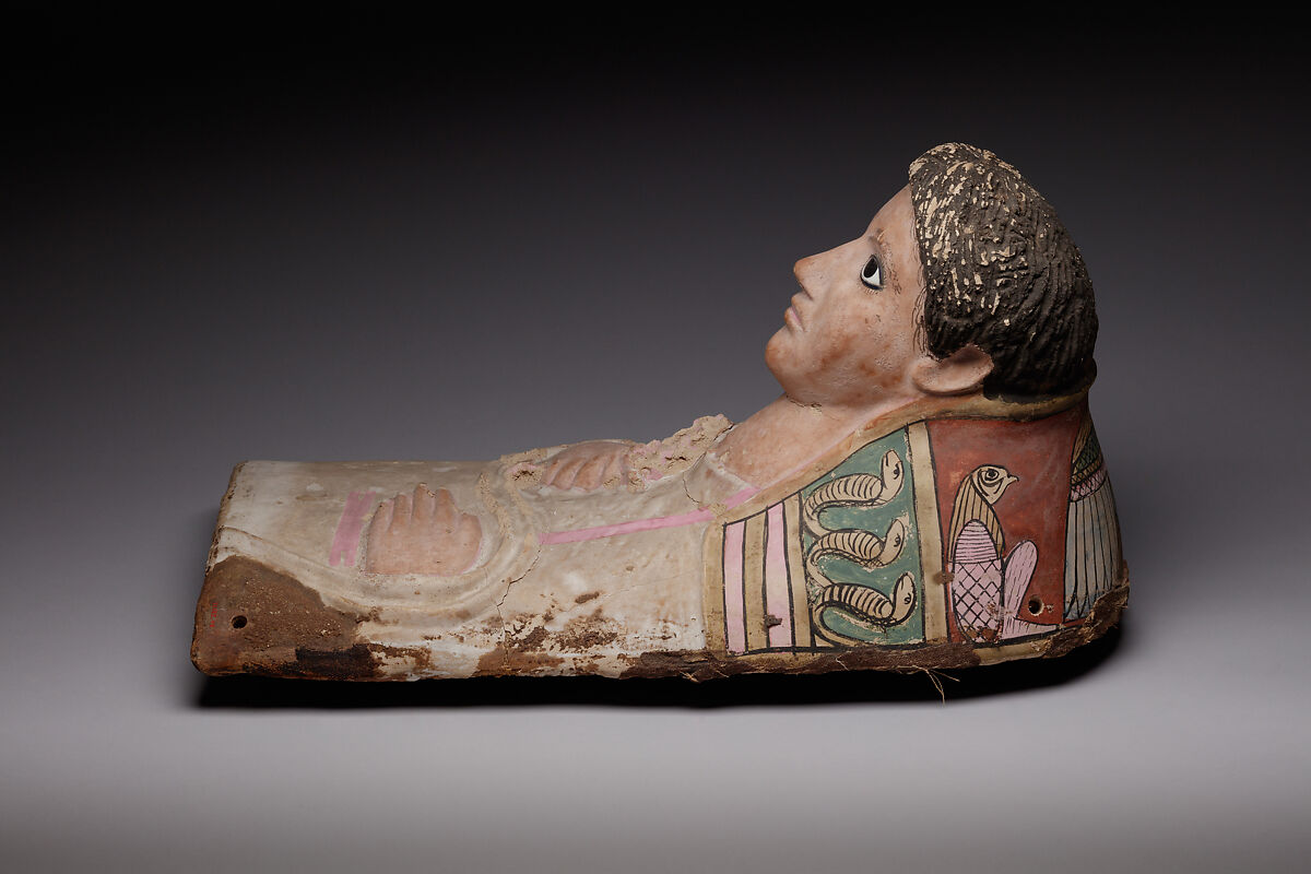 Plaster Portrait Mask of a Youth, Plaster, linen, paint, lapis lazuli, glass