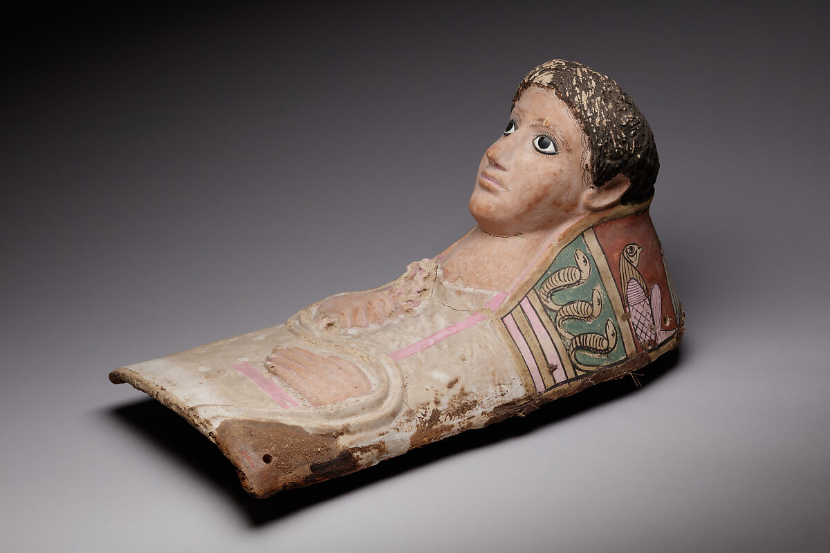 Plaster Portrait Mask of a Youth, Plaster, linen, paint, lapis lazuli, glass