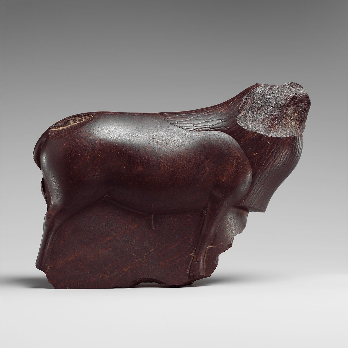 Statuette of a ram, Brown stone (meta-arenite, that is, quartz-rich indurated sandstone)
"quartzwacke"