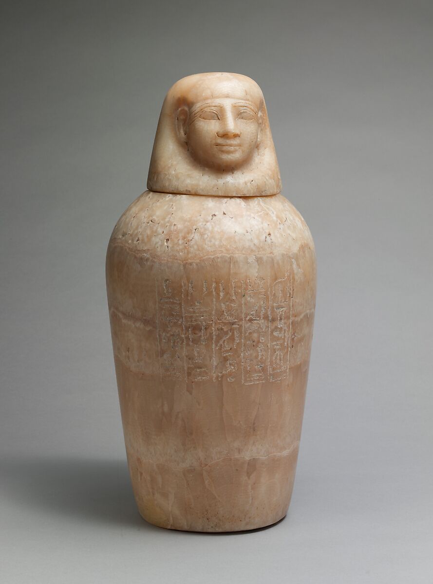 Canopic jar inscribed for Minmose, Travertine (Egyptian alabaster), paint, Egyptian blue 