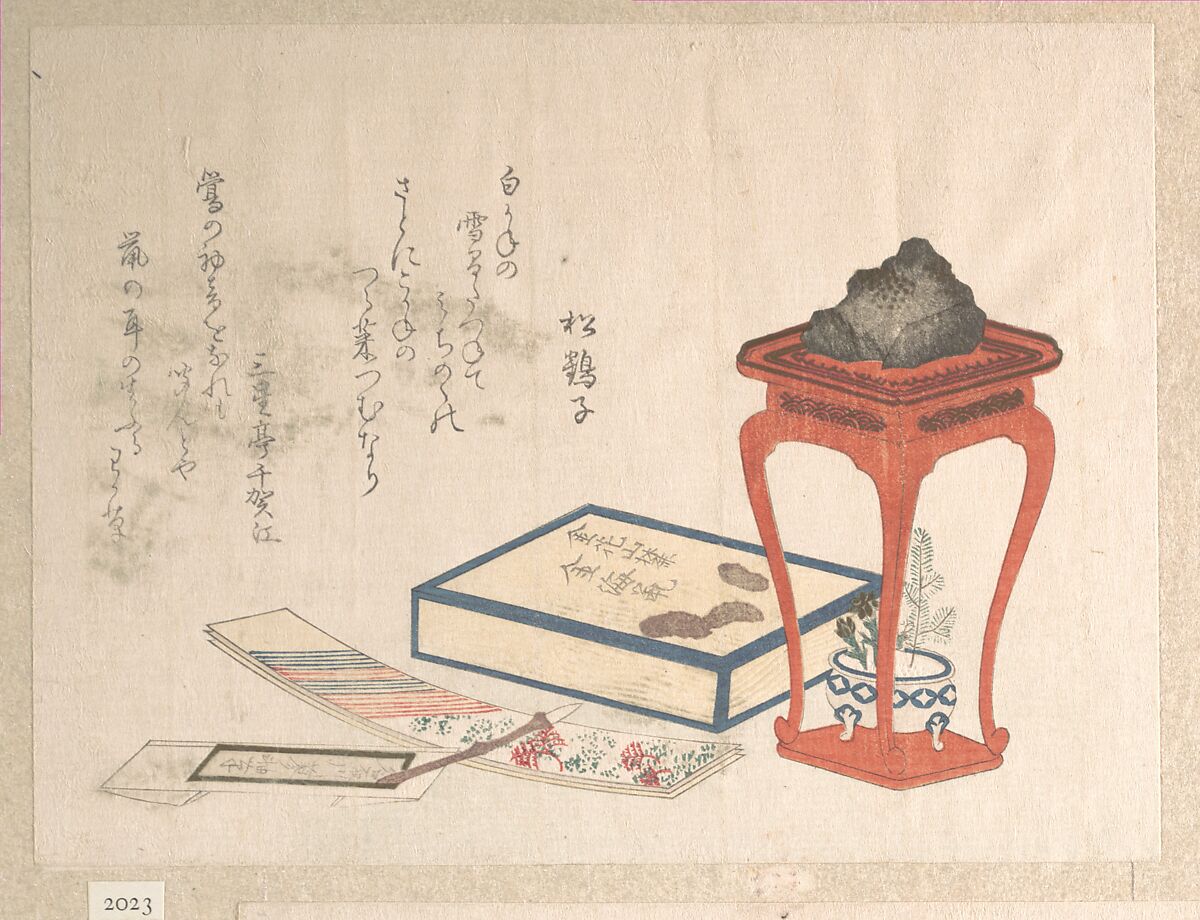 Stand, Box and Writing-Paper, Ryūryūkyo Shinsai (Japanese, active ca. 1799–1823), Woodblock print (surimono); ink and color on paper, Japan 