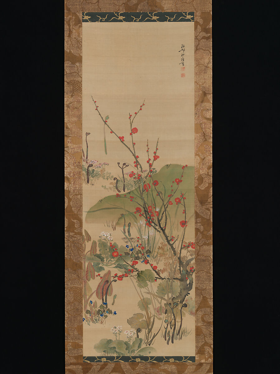 Flowers and Birds of the Four Seasons, Ikeda Koson (Japanese, 1803–1868), Pair of hanging scrolls; ink, color, and gold on silk, Japan