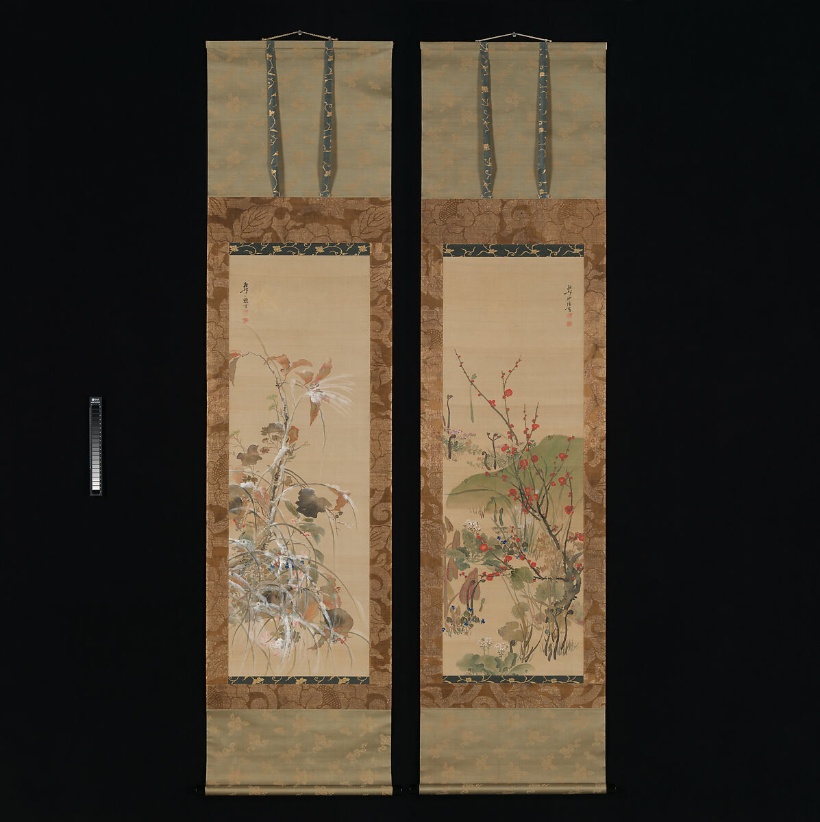 Flowers and Birds of the Four Seasons, Ikeda Koson (Japanese, 1803–1868), Pair of hanging scrolls; ink, color, and gold on silk, Japan 