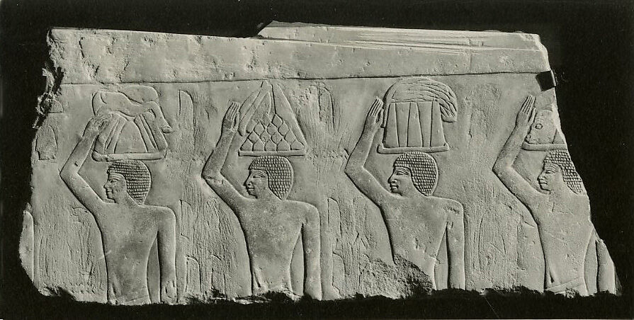 Relief Fragment depicting offering bearers from the mastaba of Idut, daughter of King Unis (?), Limestone, pigment
