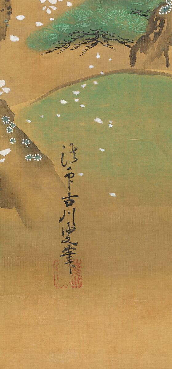 Nunobiki Waterfall, Mount Yoshino, and Tatsuta River, Kano Tsunenobu (Japanese, 1636–1713), Triptych of hanging scrolls; ink and color on silk, Japan