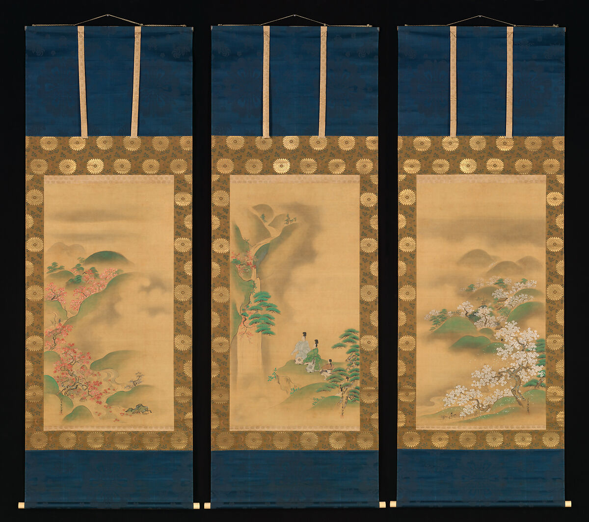 Nunobiki Waterfall, Mount Yoshino, and Tatsuta River, Kano Tsunenobu (Japanese, 1636–1713), Triptych of hanging scrolls; ink and color on silk, Japan 