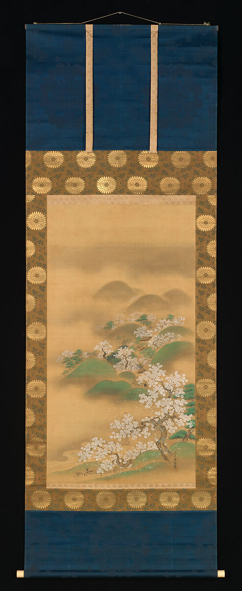 Nunobiki Waterfall, Mount Yoshino, and Tatsuta River, Kano Tsunenobu (Japanese, 1636–1713), Triptych of hanging scrolls; ink and color on silk, Japan