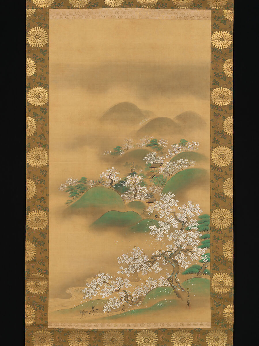 Nunobiki Waterfall, Mount Yoshino, and Tatsuta River, Kano Tsunenobu (Japanese, 1636–1713), Triptych of hanging scrolls; ink and color on silk, Japan