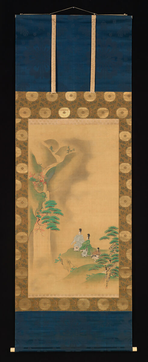Nunobiki Waterfall, Mount Yoshino, and Tatsuta River, Kano Tsunenobu (Japanese, 1636–1713), Triptych of hanging scrolls; ink and color on silk, Japan