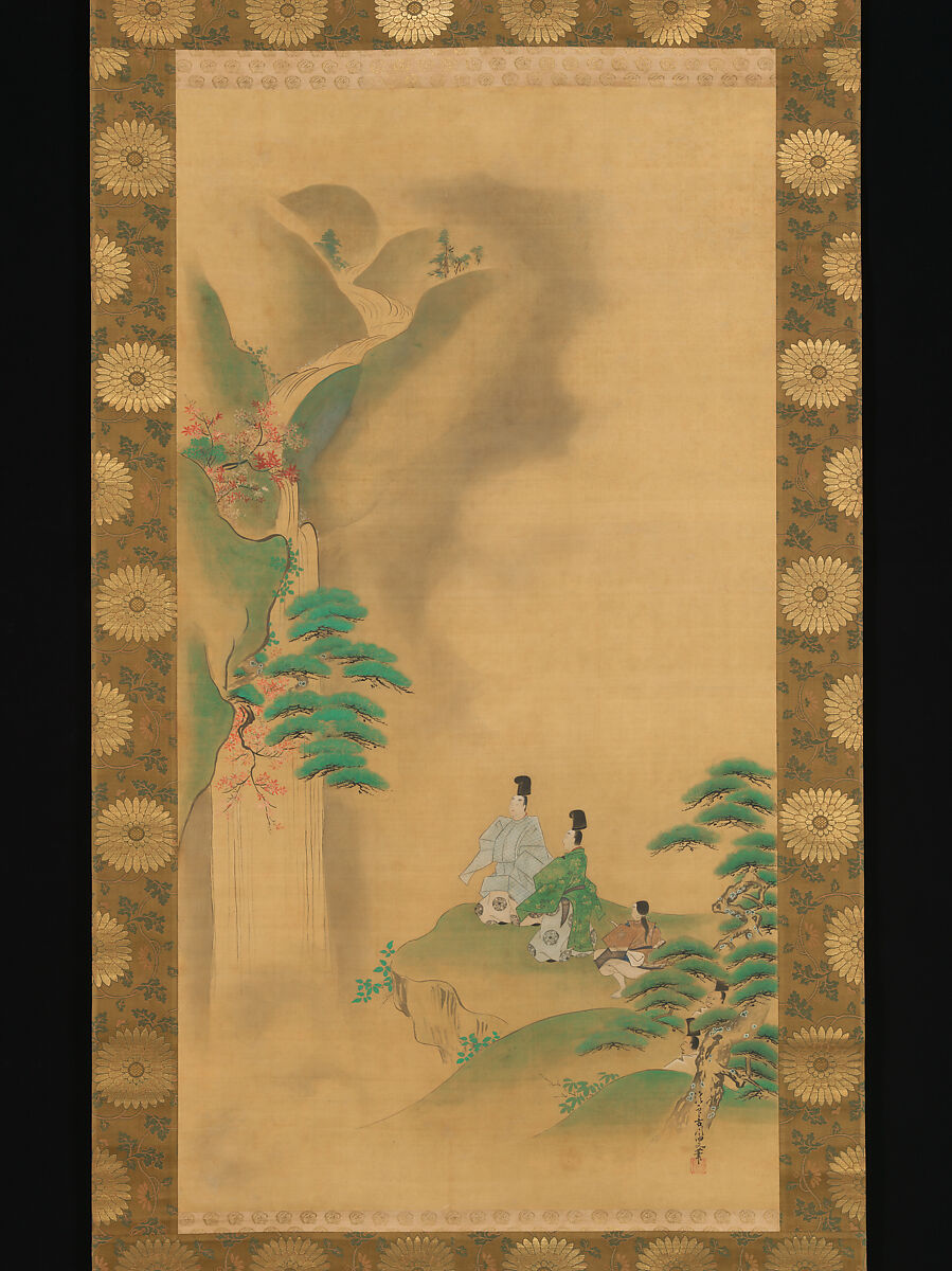 Nunobiki Waterfall, Mount Yoshino, and Tatsuta River, Kano Tsunenobu (Japanese, 1636–1713), Triptych of hanging scrolls; ink and color on silk, Japan