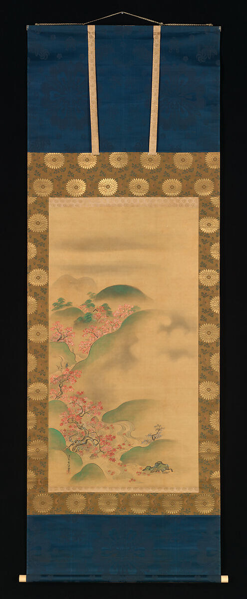 Nunobiki Waterfall, Mount Yoshino, and Tatsuta River, Kano Tsunenobu (Japanese, 1636–1713), Triptych of hanging scrolls; ink and color on silk, Japan
