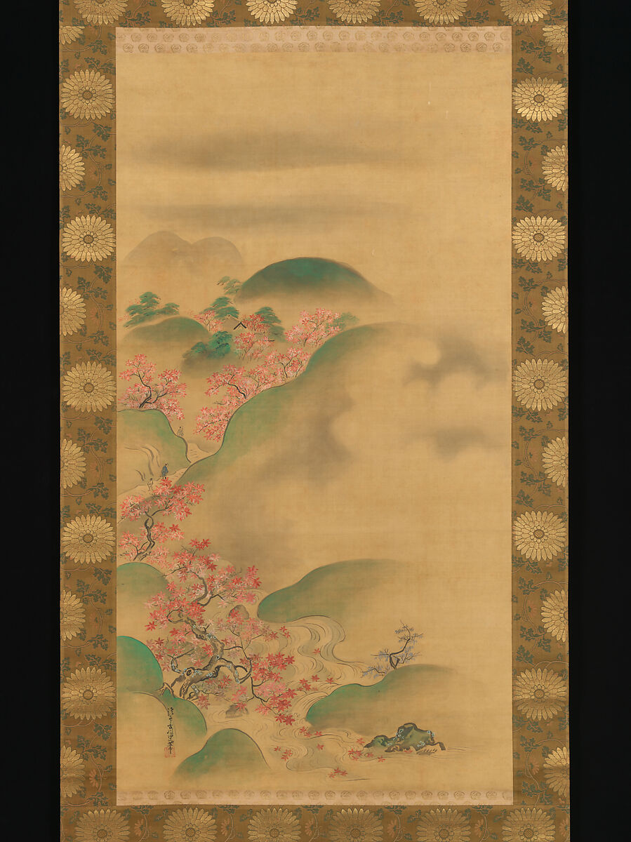 Nunobiki Waterfall, Mount Yoshino, and Tatsuta River, Kano Tsunenobu (Japanese, 1636–1713), Triptych of hanging scrolls; ink and color on silk, Japan