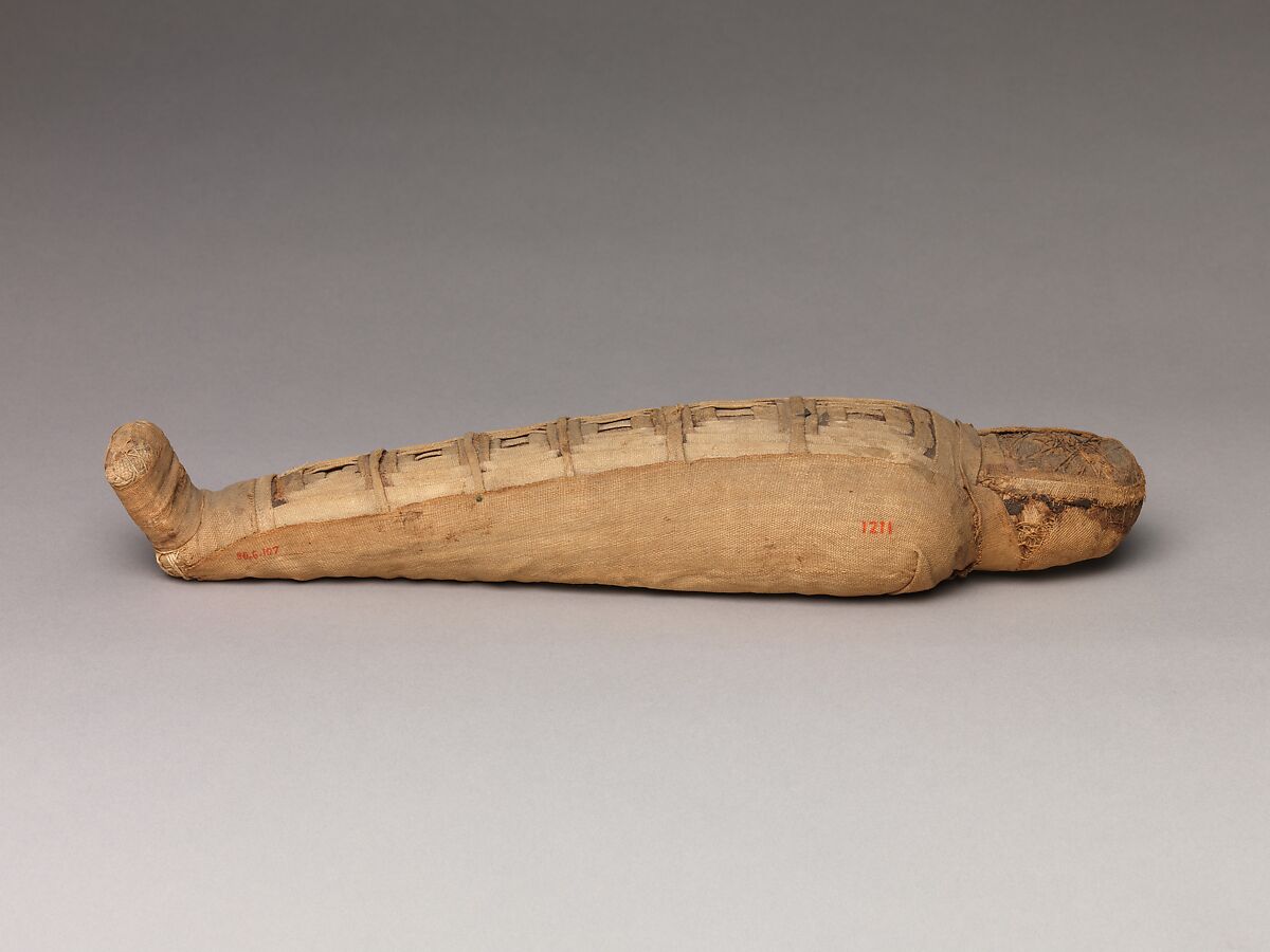 Sacred animal mummy in the form of a falcon, Linen, unidentified contents (no animal remains), mummification materials